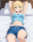  1girl 3: absurdres ahoge aqua_eyes armpits arms_behind_head arms_up artoria_pendragon_(fate) bare_shoulders bed blonde_hair blue_shirt blue_shorts breasts closed_mouth collarbone commentary dolphin_shorts drawstring fate/stay_night fate_(series) frown highres honkai:_star_rail honkai_(series) looking_at_viewer lying medium_breasts midriff navel on_back on_bed pillow rikka_(rikkaarts) saber_(fate) shirt short_hair short_shorts shorts sleeveless sleeveless_shirt solo stomach 