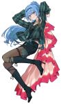  1girl absurdres alternate_costume arms_up belt black_belt black_hairband blue_eyes blue_hair blush bodice boots brown_pantyhose center-flap_bangs commentary_request cross-laced_clothes diamond_hairband double-parted_bangs earrings flower_stand_art from_side full_body green_bodice green_boots green_ribbon green_shirt green_shorts grin hair_between_eyes hairband high_heel_boots high_heels high_ponytail highres hololive hoshimachi_suisei jacket jewelry knee_boots lace-up_boots lapels long_hair long_sleeves looking_at_viewer midriff_peek necklace notched_lapels open_clothes open_jacket pantyhose pantyhose_under_shorts plaid_clothes plaid_jacket ponytail ribbon shirt shorts sleeves_past_wrists smile solo star_(symbol) star_in_eye symbol_in_eye tsukino_(nakajimaseiki) turning_head twisted_torso virtual_youtuber 