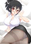  1girl absurdres artist_name asuka_(senran_kagura) betterthanbone2 black_hair black_skirt bra bra_peek breasts cleavage collared_shirt commentary_request glasses highres large_breasts looking_at_viewer office_lady open_mouth panties panties_under_pantyhose pantyhose pantyshot paper pencil_skirt ponytail see-through_clothes see-through_pantyhose senran_kagura shirt skirt solo thighband_pantyhose twitter_username underwear white_shirt 