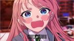  1girl bang_dream! bang_dream!_it's_mygo!!!!! blue_eyes blurry blurry_background blush canon_event chihaya_anon commentary fang haneoka_school_uniform highres long_hair looking_at_viewer open_mouth peke_(pekeiscat) pink_hair portrait school_uniform shirt solo subtitled white_shirt 