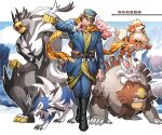  1boy absurdres alternate_color black_boots blue_hat blue_jacket blue_pants boots cinccino commentary_request crossover golden_kamuy growlithe hat highres holding holding_poke_ball jacket lycanroc lycanroc_(dusk) male_focus mtkg_05 pants poke_ball pokemon pokemon_(creature) scar scar_on_face stufful sugimoto_saichi translation_request ursaluna urshifu 