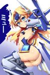  arm_blade armor ass blade blazblue blonde_hair blue_eyes blush breasts elbow_gloves forehead_protector gloves highres long_hair looking_back masa_tarou mecha_musume midriff mu-12 navel shoulder_pads small_breasts solo underboob weapon 