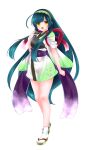  1girl :d absurdres ahoge blunt_bangs brown_sandals edomura_niniko full_body gradient_clothes gradient_kimono green_hair green_hairband green_kimono hairband hand_up highres japanese_clothes kimono long_hair looking_at_viewer obi official_art okobo platform_sandals purple_sash sandals sash short_kimono short_sleeves simple_background smile socks solo standing tabi touhoku_zunko transparent_background two-tone_kimono very_long_hair voiceroid white_kimono white_socks yellow_eyes 