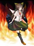  absurdres bow brown_hair colorized fire hair_bow highres jellylily long_hair looking_at_viewer mismatched_footwear red_eyes reiuji_utsuho smile solo touhou 