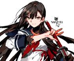  7th_dragon_(series) 7th_dragon_2020 black_hair brown_eyes gloves katana kujou_tsubaki samurai_(7th_dragon_2020) school_uniform solo starshadowmagician sword weapon 