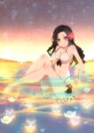  1girl afloat armpit_crease bad_feet bare_arms bare_shoulders bikini bikini_skirt black_hair blush breasts cleavage closed_mouth commentary_request curtained_hair evening flower flower_on_liquid gradient_sky hair_flower hair_ornament hanabi_(byhanabi) hibiscus highres innertube long_hair mahouka_koukou_no_rettousei medium_breasts mountainous_horizon navel on_innertube parted_bangs petals red_eyes red_flower saegusa_mayumi sky smile soaking_feet solo star_(sky) starry_sky stomach sunset swim_ring swimsuit white_bikini white_flower white_petals 