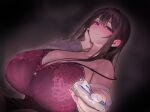  1girl black_hair black_skirt blush bra breasts cleavage closed_mouth commentary_request eyelashes hand_on_own_cheek hand_on_own_face highres holding huge_breasts inushima long_hair original pink_bra purple_eyes skirt solo strap_slip underwear voice_drama_available 