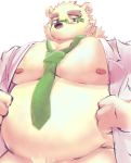  2018 anthro bear belly blue_eyes clothed clothing episode0006 eyewear fur glasses humanoid_hands male mammal moobs necktie nipples open_shirt overweight overweight_male polar_bear rave_(tas) shirt simple_background solo tokyo_afterschool_summoners white_background white_fur 