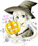  aino_yumeri blue_eyes copyright_request halloween hat jack-o'-lantern long_hair simple_background smile solo translated white_background witch_hat 