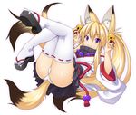  :&gt; animal_ears ass bell blonde_hair clog_sandals fox_ears fox_shadow_puppet fox_tail hair_bell hair_ornament japanese_clothes jewelry jingle_bell legs_up long_hair looking_at_viewer magatama necklace original panties pleated_skirt purple_eyes simple_background skirt solo somejima tail thighhighs twintails underwear white_background white_legwear white_panties 