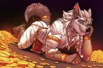 accessory anklet anthro armlet black_claws blue_eyes bottomwear bracelet braided_hair braided_sidelocks butt canid canine circlet claws clothing coin ear_piercing ear_ring fang_out fluffy fluffy_tail furgonomics gem gold_(metal) gold_coin gold_jewelry gradient_background hair head_on_hand head_rest hi_res hoard jewelry loincloth long_hair looking_at_viewer lying male mammal markings mostly_nude muscular muscular_anthro muscular_male necklace nootkep on_front pendant piercing raised_foot red_bottomwear red_clothing red_loincloth ring_(jewelry) ring_piercing simple_background smile smug solo striped_markings stripes tail tail_accessory tail_jewelry toe_claws treasure white_body white_hair