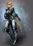  blonde_hair bodysuit breasts long_image no_headwear no_helmet shiny sword tight trinity_(warframe) warframe weapon yuikami 