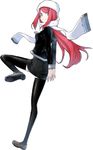  angry arms_behind_back ban_airi beamed_eighth_notes black_legwear devil_survivor_2 eighth_note frown full_body grey_eyes hat highres long_hair looking_back megami_ibunroku_devil_survivor musical_note musical_note_print official_art quarter_note red_hair scarf school_uniform shin_megami_tensei shoes solo standing standing_on_one_leg thighhighs treble_clef white_background yasuda_suzuhito 