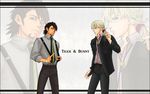  barnaby_brooks_jr blonde_hair brown_eyes brown_hair cataract_hamachi facial_hair formal green_eyes kaburagi_t_kotetsu multiple_boys necktie scrunchie short_ponytail stubble suspenders suspenders_pull tiger_&amp;_bunny zoom_layer 