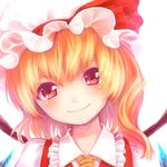  ascot blonde_hair blush close-up closed_mouth face flandre_scarlet hat hat_ribbon head_tilt miina portrait red_eyes ribbon short_hair side_ponytail simple_background smile solo touhou white_background wings 
