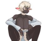anthro bovid breasts caprine cleavage clothed clothing collarbone crouching female fingers fur grey_clothing grey_topwear hair hanging_breasts horizontal_pupils long_breasts mammal pink_nose pupils sagging_breasts sheep simple_background solo topwear tukareta_inu white_background white_body white_fur white_pupils white_wool wool_(fur)