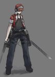  arceonn baseball_cap belt black_hair buckle cable dual_wielding full_body grey_background hat highres holding jacket male_focus non-web_source pants pokemon pokemon_(game) red_(pokemon) shaded_face shingeki_no_kyojin shoes simple_background sleeves_pushed_up solo sword thigh_strap three-dimensional_maneuver_gear weapon 