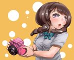  blush braid breasts brown_hair camera inazuma_eleven_(series) inazuma_eleven_go looking_back medium_breasts open_mouth purple_eyes sgk solo twin_braids yamana_akane 