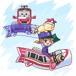  cat ground_vehicle keihin_kyuukou_dentetsu keikyun keikyuu_doremi-tan kodomo_no_hi koinobori lowres open_mouth paper_hat paper_kabuto pixel_art rich_h1ll sitting train train_conductor 