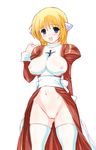  blonde_hair blue_eyes blush breasts covered_nipples long_hair looking_at_viewer navel no_panties open_mouth priest_(ragnarok_online) pussy ragnarok_online smile solo standing testa thighhighs uncensored 