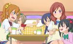  black_hair blue_eyes blue_hair blush bow brown_hair cardigan closed_eyes cup feeding food french_fries hair_bow kousaka_honoka long_hair love_live! love_live!_school_idol_project minami_kotori multiple_girls nishikino_maki one_side_up open_mouth otonokizaka_school_uniform outstretched_hand purple_eyes puton red_eyes red_hair school_uniform short_hair sitting skirt smile sonoda_umi sweatdrop sweater_vest tears twintails yazawa_nico 