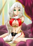  bare_shoulders breasts character_request green_eyes large_breasts long_hair looking_at_viewer lord_of_vermilion midriff navel silver_hair sitting smile solo souren underboob wariza 