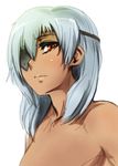  bare_shoulders blue_hair eyepatch inazuma_eleven inazuma_eleven_(series) male_focus orange_eyes sakuma_jirou sgk shirtless sketch solo white_background 