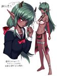  anklet bow breasts dark_skin detached_sleeves elf green_hair hair_bow hair_over_one_eye horns jewelry legband loincloth long_hair medium_breasts midriff navel necklace nyamota original pointy_ears red_eyes school_uniform sidelocks translation_request 