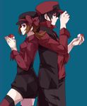  1girl adapted_costume adjusting_clothes adjusting_hat back-to-back baseball_cap black_hair blue_background bow brown_hair earrings hat hat_bow hat_ribbon holding holding_poke_ball jewelry kotone_(pokemon) long_hair pixiv_red poke_ball poke_ball_(generic) pokemon pokemon_(game) pokemon_hgss profile red_(pokemon) red_(pokemon_rgby) red_eyes ribbon ring short_hair thighhighs twintails vest yayata_(884) 