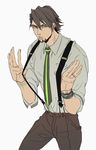  bracelet brown_eyes brown_hair facial_hair jewelry kaburagi_t_kotetsu male_focus necktie nitta solo stubble suspenders suspenders_pull tiger_&amp;_bunny watch wristwatch 