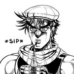  bottle cabbie_hat coca-cola drawfag drinking drinking_straw eyebrows fenix_(phoenixseraph) fingerless_gloves gloves greyscale hat jojo_no_kimyou_na_bouken joseph_joestar_(young) lucky_star male_focus monochrome official_style parody scarf soda solo thick_eyebrows 