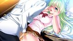  1girl bed blue_eyes blush bow fingering game_cg green_hair hetero kamei kanami long_hair mizushima_oonari panties silicon_magic skirt skirt_lift theta_(silicon_magic) underwear 