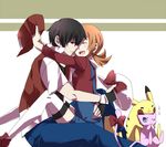  1girl baseball_cap black_hair bow brown_hair cabbie_hat closed_eyes couple fingerless_gloves gen_1_pokemon gloves happy hat hat_bow hat_removed hat_ribbon headwear_removed hetero hug jacket kotone_(pokemon) laughing legendary_pokemon long_hair mew overalls pikachu pixiv_red pokemon pokemon_(creature) pokemon_(game) pokemon_hgss red_(pokemon) red_(pokemon_rgby) red_eyes ribbon short_hair smile thighhighs twintails white_legwear yayata_(884) 