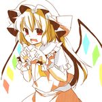  :d blonde_hair eiri_(eirri) flandre_scarlet hat heart heart_hands looking_at_viewer open_mouth red_eyes short_hair simple_background smile solo touhou white_background wings wrist_cuffs 