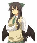  alternate_costume black_hair bow breasts contemporary eiri_(eirri) expressionless large_breasts long_hair long_sleeves low_wings necktie playing_with_hair red_eyes reiuji_utsuho school_uniform simple_background skirt solo sweater_vest touhou white_background wings 