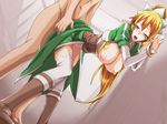  1girl bent_over blonde_hair blush breasts clothed_female_nude_male ebido green_eyes large_breasts leafa sex sweat sword_art_online tears tongue tongue_out vaginal 