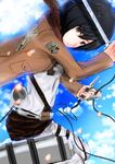  bad_id bad_pixiv_id belt black_hair brown_eyes dual_wielding emblem holding jacket kotowari0507 mikasa_ackerman paradis_military_uniform scarf shingeki_no_kyojin short_hair solo thigh_strap three-dimensional_maneuver_gear training_corps_(emblem) 