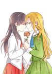  akitoki_(syokuhi) ascot bad_id bad_pixiv_id blonde_hair blush brown_hair couple dress dress_shirt ears face-to-face flower forehead-to-forehead green_dress green_eyes hands_together holding_hands ib ib_(ib) long_hair mary_(ib) multiple_girls profile red_eyes rose shirt simple_background skirt white_background yuri 