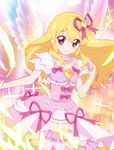  aikatsu! aikatsu!_(series) blonde_hair bow dress feathers glowing hair_ribbon heart hoshimiya_ichigo long_hair pink_bow pink_eyes ribbon smile solo sparkle tonbi wings 