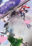  blue_eyes blurry bob_cut bridge cherry_blossoms depth_of_field dress dutch_angle himawaritei izayoi_sakuya konpaku_youmu konpaku_youmu_(ghost) lantern multiple_girls pantyhose petals scarf short_hair silver_hair stone_lantern sword touhou weapon 