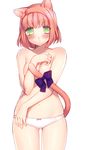  animal_ears ass_visible_through_thighs bad_id bad_pixiv_id blue_eyes blush breasts cat_ears cat_tail covering covering_breasts medium_breasts momo_uzura nanami_haruka panties parted_lips pink_hair ribbon short_hair simple_background solo tail tail_ribbon tears underwear uta_no_prince-sama white_background white_panties 