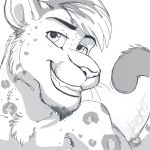  2015 beard eyebrows eyelashes facial_hair feline fur hair kunacoyote leopard looking_at_viewer male mammal mars_(thequeenofmars) monochrome nude signature sketch smile snow_leopard solo spots spotted_fur teeth whiskers 