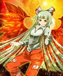  bow fiery_wings fire fujiwara_no_mokou grin hair_bow hair_ribbon highres hikaru_(pixiv853286) hime_cut long_hair red_eyes ribbon smile solo suspenders touhou white_hair wings 