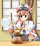  atelier_(series) atelier_rorona bangs breasts flask hat indoors long_hair medium_breasts open_mouth pink_hair pouring rororina_fryxell round-bottom_flask ruu_(tksymkw) solo window 