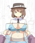  ? book bow breasts brown_eyes brown_hair dress_shirt front-tie_top hair_bow hat large_breasts maribel_hearn multiple_girls navel necktie shirt short_hair sweat tori_(minamopa) touhou usami_renko 