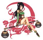  absurdres bare_shoulders black_hair brown_eyes chinese_clothes flower guan_yinping gyakushuu_no_hoshiumi hair_flower hair_ornament highres legs looking_at_viewer miniskirt pleated_skirt polearm shin_sangoku_musou shin_sangoku_musou_7 sitting skirt smile solo weapon 