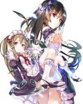  ayasaki_hikaru blue_eyes bobby_socks book bow brown_hair card cover cover_page detached_sleeves elf frills hair_bow hair_ribbon kneehighs long_hair looking_back maid maid_headdress multiple_girls myucel_foalan novel_cover official_art open_book otoko_no_ko outbreak_company pointy_ears purple_eyes ribbon sandals simple_background socks toeless_legwear twintails white_background yuugen 