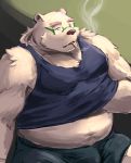  2018 anthro bear belly bulge clothing eyewear glasses inabayasuri male mammal moobs overweight overweight_male polar_bear rave_(tas) shirt shorts smoking solo tokyo_afterschool_summoners 