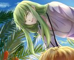  bad_id bad_pixiv_id blonde_hair blurry depth_of_field enkidu_(fate/strange_fake) fate/stay_night fate/strange_fake fate_(series) gilgamesh green_eyes green_hair long_hair lorein multiple_boys palm_tree tree 