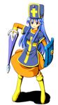  blue_hair dragon_quest dragon_quest_iii hat lance long_hair mitre polearm priest_(dq3) ruu_(tksymkw) shield simple_background smile solo weapon white_background 
